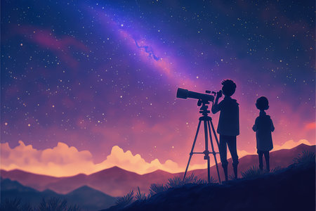 night scene of two brothers outdoors, little boy looking through a telescope at stars in the sky , digital art style, illustration painting, fantasy concept of a night skyの素材
