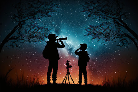 night scene of two brothers outdoors, little boy looking through a telescope at stars in the sky , digital art style, illustration painting, fantasy concept of a night skyの素材