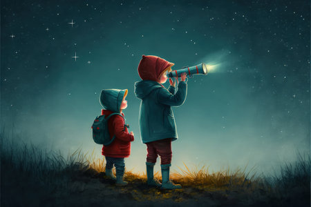 night scene of two brothers outdoors, little boy looking through a telescope at stars in the sky , digital art style, illustration painting, fantasy concept of a night skyの素材