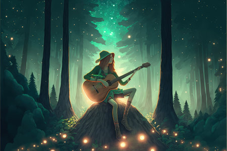 night scenery of young woman playing a magic guitar in the forest against glowing planet on background , digital art style, illustration painting, fantasy concept of a woman playing a magic guitarの素材