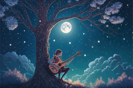 young woman playing guitar for the magic tree against star trails and the moon in the sky , digital art style, illustration painting, fantasy concept of a woman playing guitarの素材