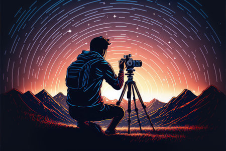 young photographer taking picture of sunrise sky with star trails , digital art style, illustration painting, fantasy concept of a young photographer taking pictureの素材