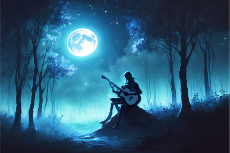 night scenery of young woman playing a magic guitar in the forest against glowing planet on background , digital art style, illustration painting, fantasy concept of a woman playing a magic guitarの素材