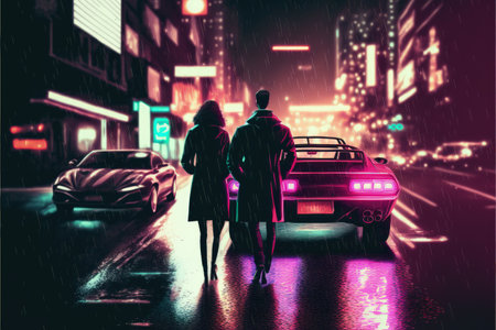 couple in the futuristic city at night with buildings and light beams , digital art style, illustration painting, fantasy concept of a couple in the futuristic cityの素材