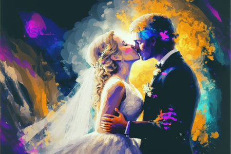 unusual concept of wedding couple kissing on background of abstract light , digital art style, illustration painting, fantasy concept of a couple kissingの素材
