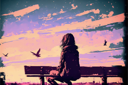 young woman sitting on a bench against beautiful sky , digital art style, illustration painting, fantasy concept of a young woman sitting on a benchの素材