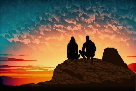 silhouette of a young couple sitting on a rock looking at the sunset , digital art style, illustration painting, fantasy concept of a couple at sunsetの素材