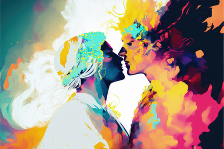 unusual concept of wedding couple kissing on background of abstract light , digital art style, illustration painting, fantasy concept of a couple kissingの素材
