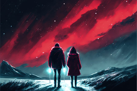 couple in red coat under an umbrella walking on snow looking at Northern light in the sky , digital art style, illustration painting, fantasy concept of a couple under Northern light in the skyの素材