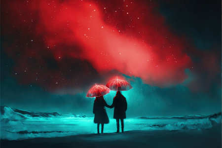 couple in red coat under an umbrella walking on snow looking at Northern light in the sky , digital art style, illustration painting, fantasy concept of a couple under Northern light in the skyの素材