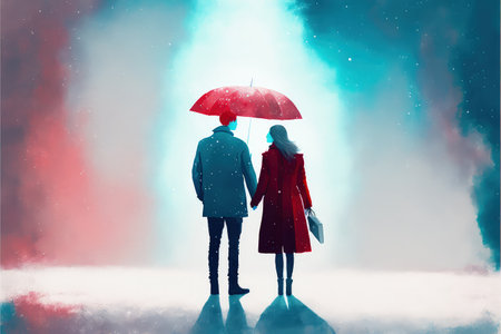 couple in red coat under an umbrella walking on snow looking at Northern light in the sky , digital art style, illustration painting, fantasy concept of a couple under Northern light in the skyの素材