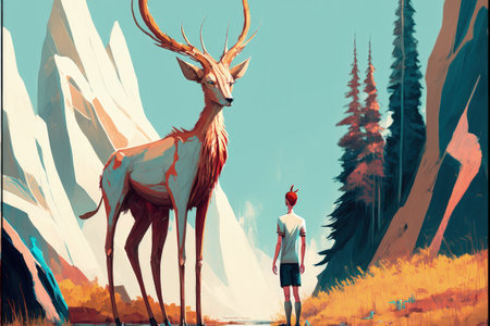 A boy stands beside a springbok amidst a forest setting. Fantasy concept, Illustration painting. Generative AIの素材