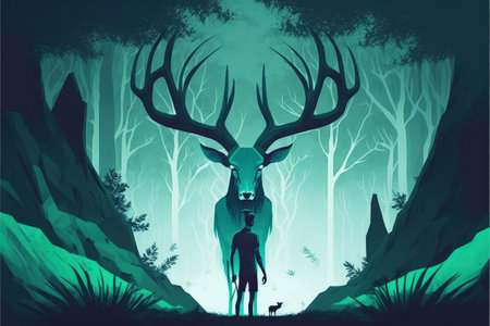 A boy stands beside a springbok amidst a forest setting. Fantasy concept, Illustration painting. Generative AIの素材