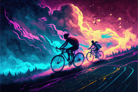 A couple in love rides a bicycle through a night sky filled with vibrant, colorful clouds. Fantasy concept, Illustration painting. Generative AIの素材