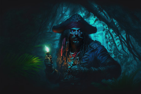 A pirate searches through a dark forest with a torch emitting a blue light. Fantasy concept, Illustration painting. Generative AIの素材