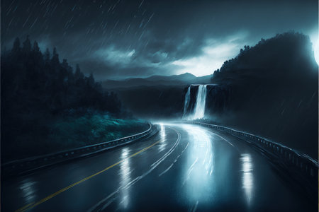 A nocturnal scene depicts a waterway encircled by ominous dark clouds and a waterfall cascading from the heavens. Fantasy concept, Illustration painting. Generative AIの素材