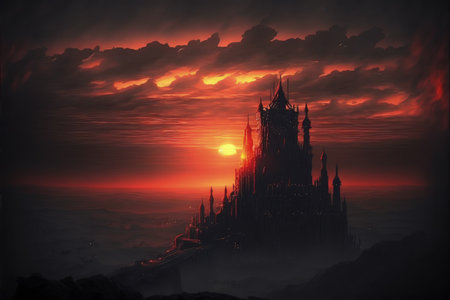 A sunset landscape displays a foreboding castle looming on the horizon. Fantasy concept, Illustration painting. Generative AIの素材