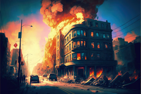 The artwork depicts a disastrous blast resulting in the fragmentation of several structures. Fantasy concept, Illustration painting. Generative AIの素材