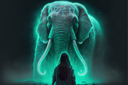 A young woman confronts a giant elephant with tusks that radiate a luminous green glow. Fantasy concept, Illustration painting. Generative AIの素材
