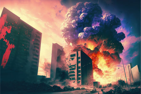 The illustration depicting a catastrophic explosion that causes the fragmentation of multiple buildings. Fantasy concept, Illustration painting. Generative AIの素材