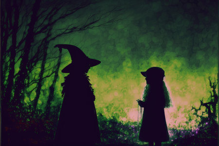 A young girl and a sorceress gaze upon each other within the confines of a forest. Fantasy concept, Illustration painting. Generative AIの素材