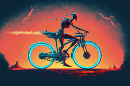 A high-tech cyborg cruising on a futuristic motorcycle. Fantasy concept, Illustration painting. Generative AIの素材
