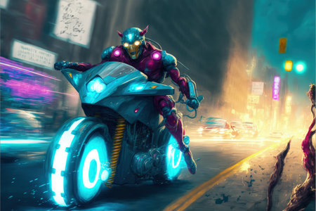 A cyborg riding a technologically advanced motorcycle through a futuristic cityscape. Fantasy concept, Illustration painting. Generative AIの素材