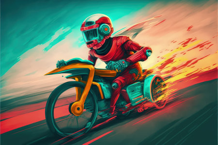 A biomechanical being speeding on a cutting-edge motorbike through a high-tech metropolis. Fantasy concept, Illustration painting. Generative AIの素材