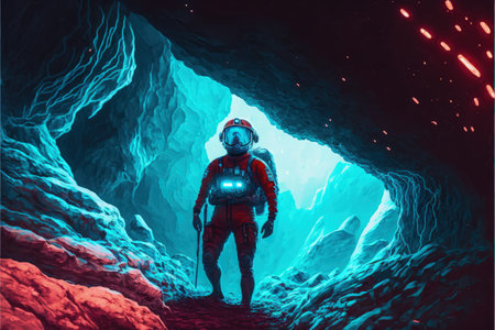 An astronaut investigating a planet with shining blue stones on a turquoise-colored terrain. Fantasy concept, Illustration painting. Generative AIの素材