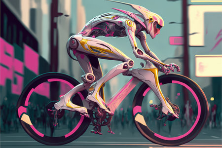 A cyborg riding a technologically advanced motorcycle through a futuristic cityscape. Fantasy concept, Illustration painting. Generative AIの素材