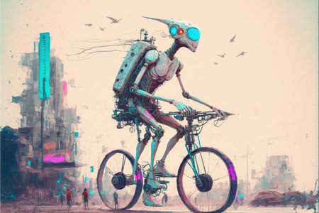 A futuristic cyborg riding a high-tech motorcycle. Fantasy concept, Illustration painting. Generative AIの素材