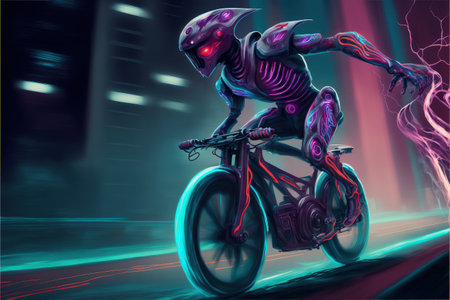 A cyborg riding a technologically advanced motorcycle through a futuristic cityscape. Fantasy concept, Illustration painting. Generative AIの素材