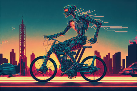 A biomechanical being speeding on a cutting-edge motorbike through a high-tech metropolis. Fantasy concept, Illustration painting. Generative AIの素材