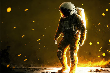 Astronaut strolling on luminous debris-covered terrain of extraterrestrial world. Fantasy concept, Illustration painting. Generative AIの素材