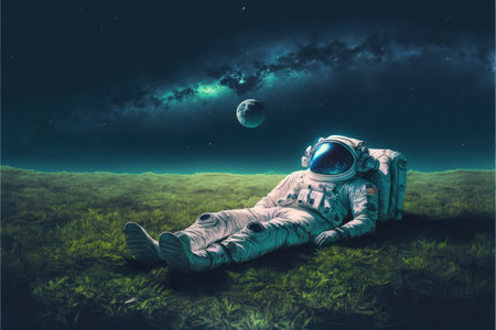 An astronaut observing shooting stars in a grassy field. Fantasy concept, Illustration painting. Generative AIの素材