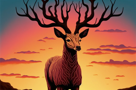 A deer standing on a gigantic branch that looks like antlers, set against a sunset sky. Fantasy concept, Illustration painting. Generative AIの素材
