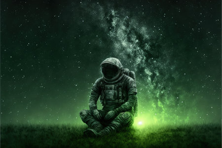 An astronaut observing shooting stars in a grassy field. Fantasy concept, Illustration painting. Generative AIの素材
