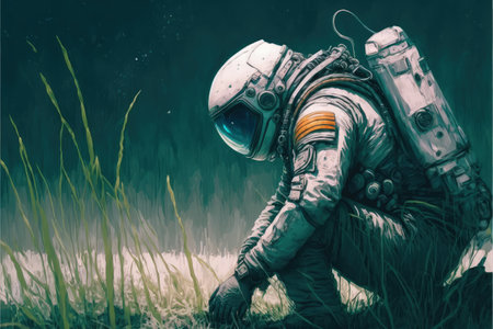An astronaut observing shooting stars in a grassy field. Fantasy concept, Illustration painting. Generative AIの素材