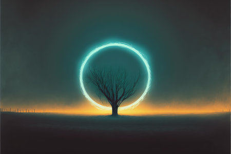 A leafless tree hovers before a glowing ring. Fantasy concept, Illustration painting. Generative AIの素材