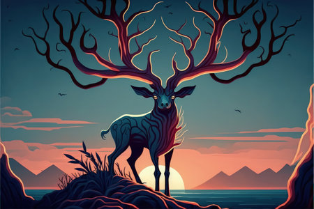 A deer standing on a gigantic branch that looks like antlers, set against a sunset sky. Fantasy concept, Illustration painting. Generative AIの素材