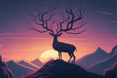 A deer standing on a gigantic branch that looks like antlers, set against a sunset sky. Fantasy concept, Illustration painting. Generative AIの素材