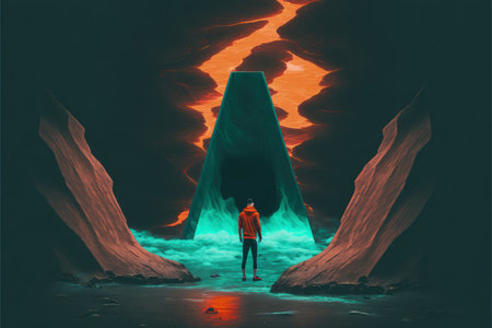 A shattered man stands on a volcanic rock in a surreal environment. Fantasy concept, Illustration painting. Generative AIの素材