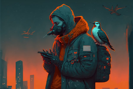 In a futuristic city at night, a man wearing a gas mask feeds a bird amidst old buildings. Fantasy concept, Illustration painting. Generative AIの素材