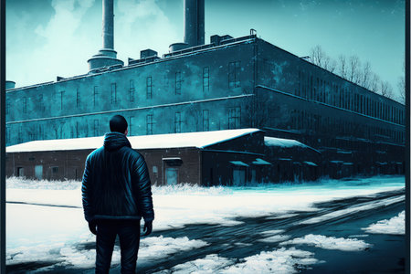 A man standing in contemplation before an abandoned factory on a cold winter morning. Fantasy concept, Illustration painting. Generative AIの素材