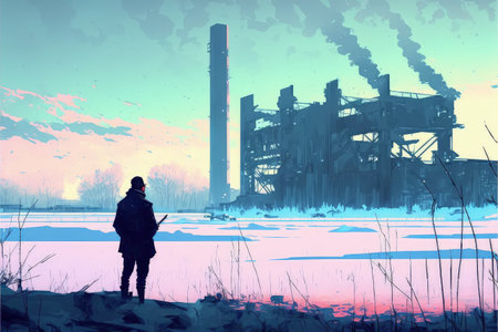 A man standing in contemplation before an abandoned factory on a cold winter morning. Fantasy concept, Illustration painting. Generative AIの素材