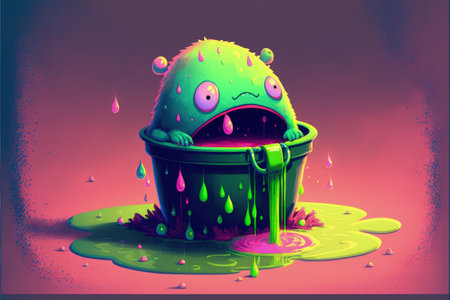A whimsical artwork depicts a large pail resting on the ground and an adorable creature standing on a puddle of vibrant paint. Fantasy concept, Illustration painting. Generative AIの素材