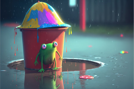 A whimsical artwork depicts a large pail resting on the ground and an adorable creature standing on a puddle of vibrant paint. Fantasy concept, Illustration painting. Generative AIの素材