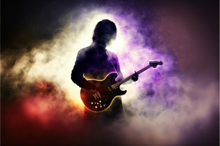 An enigmatic individual plays a glowing guitar surrounded by a mist of smoke. Fantasy concept, Illustration painting. Generative AIの素材