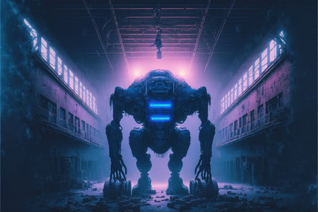 In the old factory, a giant machine with a blue light creates a monstrous being in a sci-fi scene. Fantasy concept, Illustration painting. Generative AIの素材