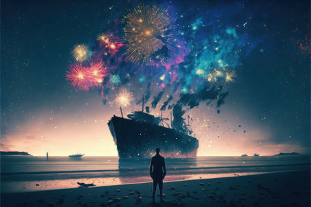 A man gazes at wrecked ships on the beach with a backdrop of fireworks. Fantasy concept, Illustration painting. Generative AIの素材